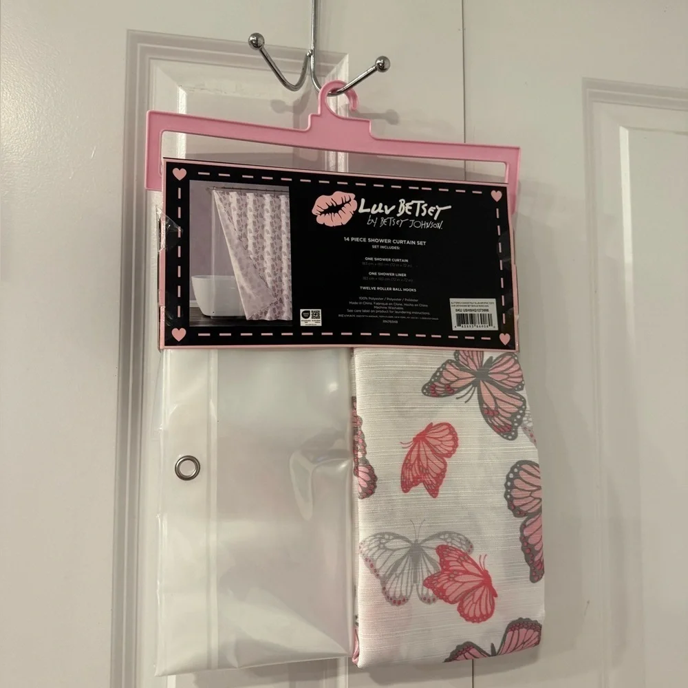 Betsey Johnson Pink and White Butterfly Shower Curtain Set NWT